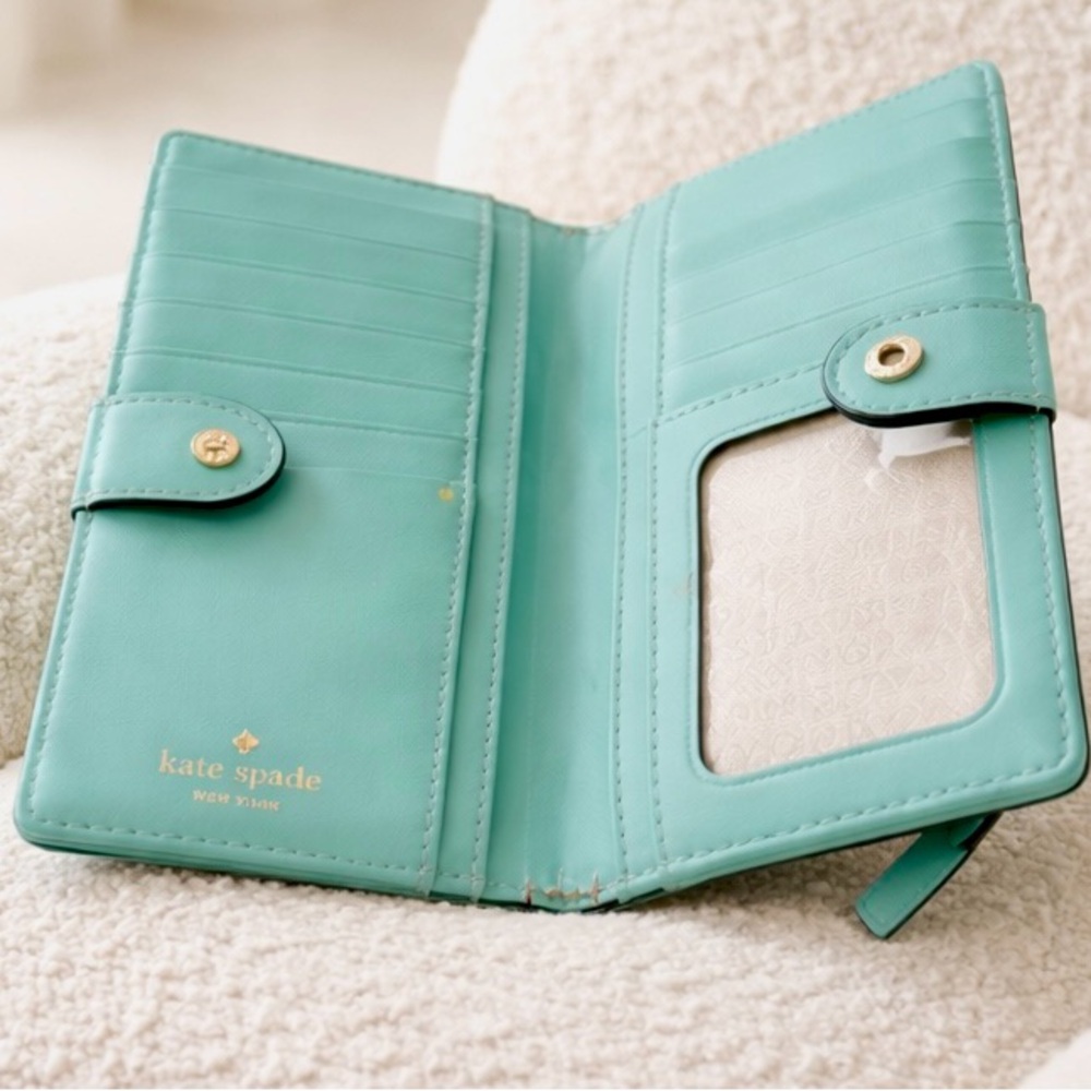 GC Kate Spade New York turquoise leather wallet/ clutch with signature bow
